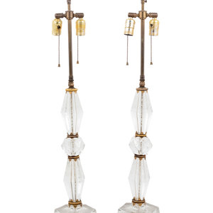 Appraisal: A Pair of Venetian Style Etched Glass Table Lamps Height