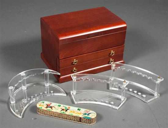 Appraisal: Cherrywood pen holding box three lucite pen stands and an