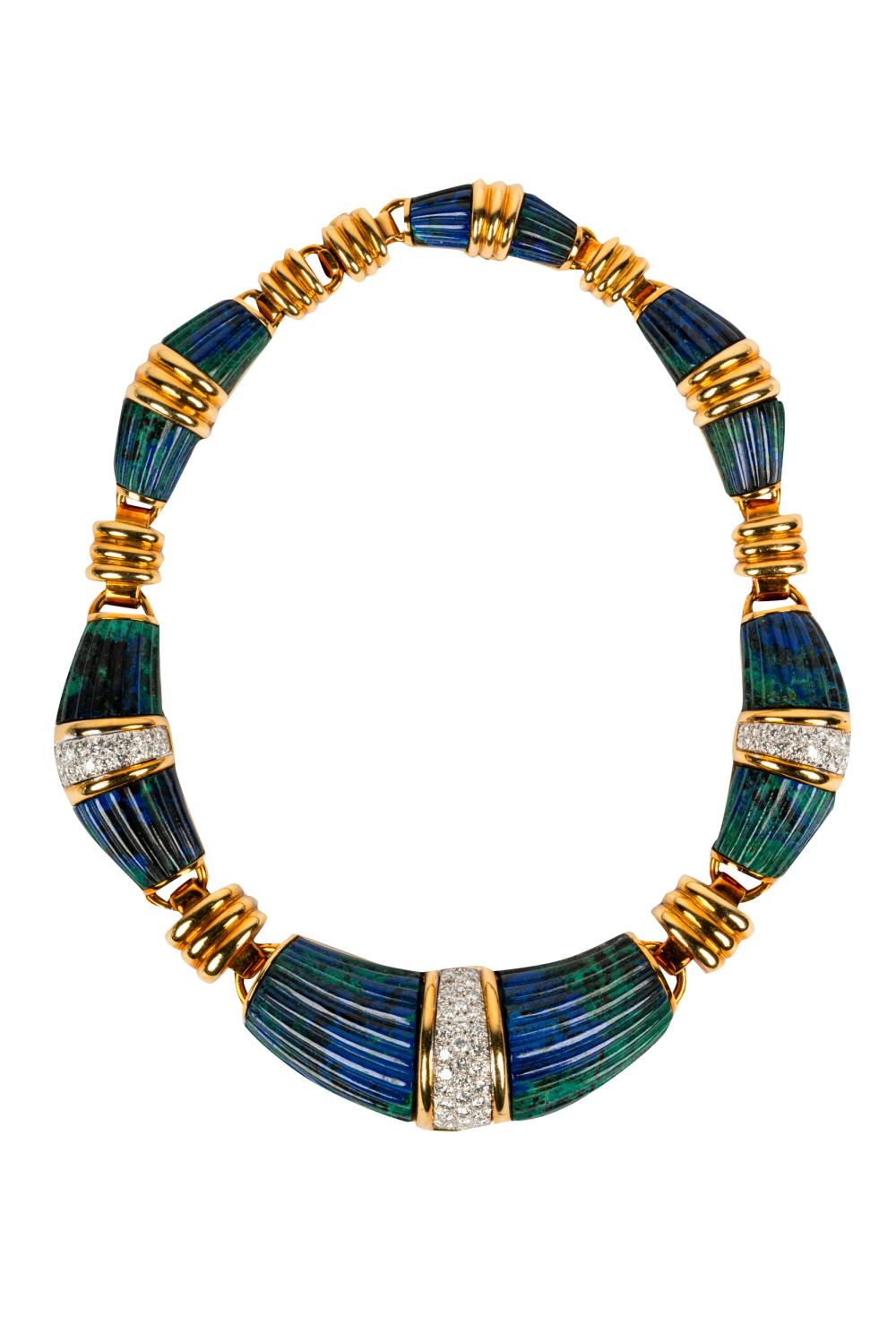 Appraisal: DAVID WEBB KARAT YELLOW GOLD PLATINUM DIAMOND AZURMALACHITE NECKLACEsigned 'Webb