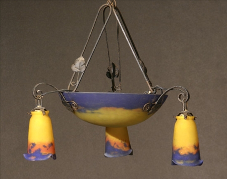 Appraisal: Muller Fr res Wrought Iron and Mottled Glass Three-Light Plafonnier