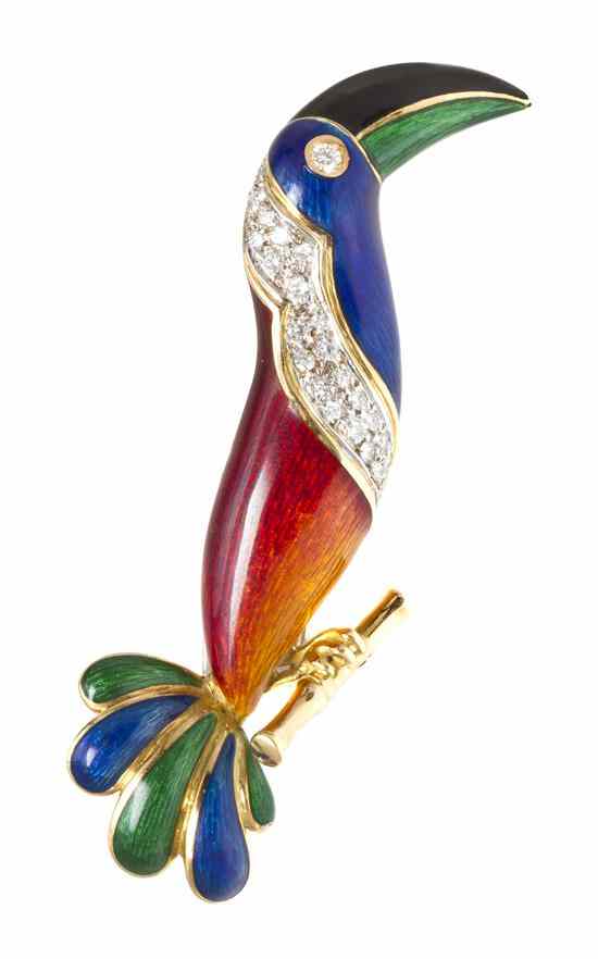 Appraisal: An Karat Yellow Gold Polychrome Enamel and Diamond Parrot Brooch