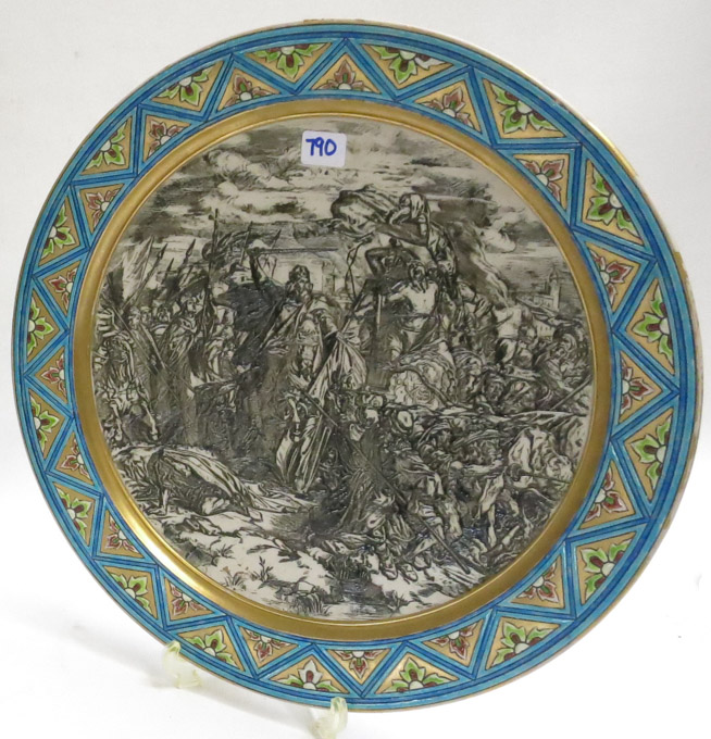 Appraisal: METTLACH POTTERY ETCHED WALL PLAQUE depicting a battle scene with