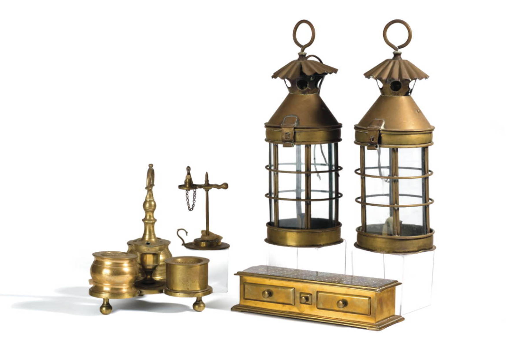 Appraisal: PAIR OF CIRCULAR BRASS CANDLE LANTERNS A STANDISH A CRIBBAGE