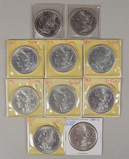 Appraisal: Ten Morgan Dollars in Higher Grades Dates include -S -O