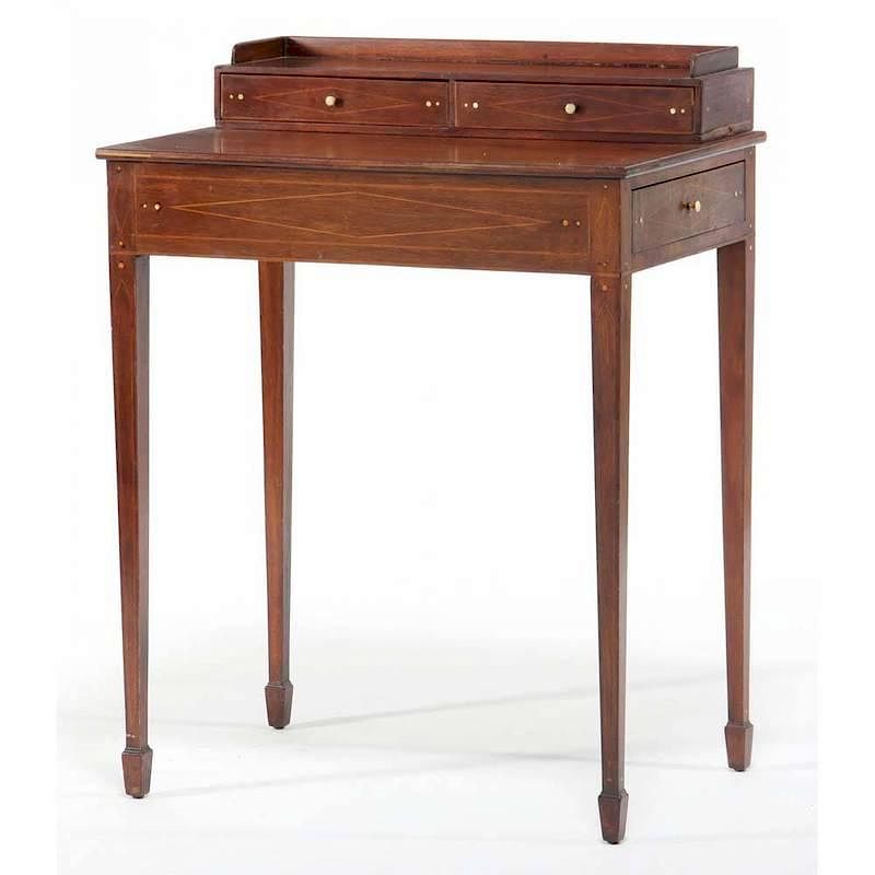 Appraisal: American Hepplewhite Inlaid Work Table early th century mahogany poplar