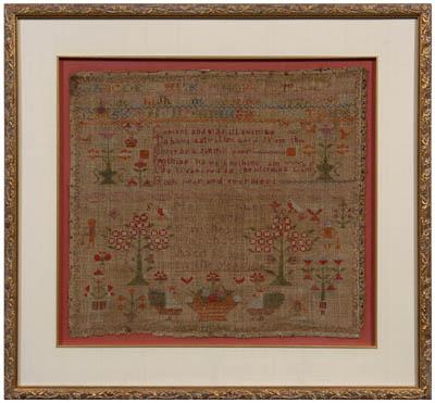 Appraisal: Alphabet and pictorial sampler three rows alphabet and numbers over