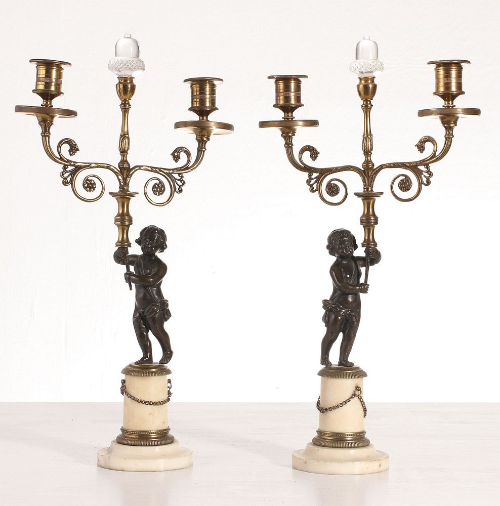 Appraisal: FINE PARCEL GILT BRONZE ROCK CRYSTAL CHERUB CANDELABRA Each cast