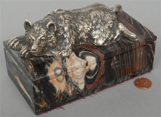 Appraisal: RUSSIAN CIGAR BOX WITH A SILVER BEAR ON TOP A