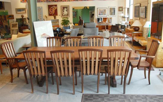 Appraisal: Richard Gordon Dining Table and Chairs in walnut and ambrosia