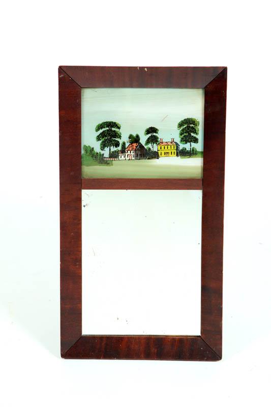 Appraisal: REVERSE PAINTED MIRROR Mahogany veneered with eglomise tablet depicting houses