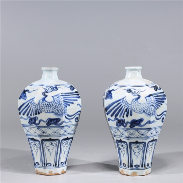 Appraisal: Two Chinese blue and white faceted Meiping vases with phoenix