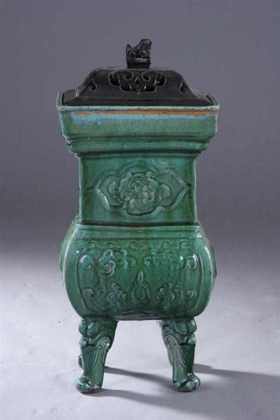 Appraisal: CHINESE GREEN GLAZED PORCELAIN CENSER th century Floral decoration -