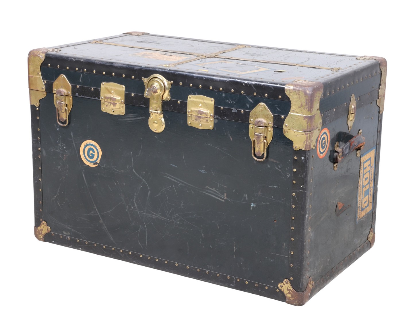 Appraisal: Metal strapped travel trunk blue with gilt metal strapping travel