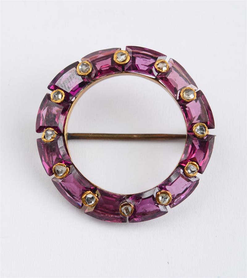 Appraisal: K GOLD AMETHYST AND ROSE DIAMOND CIRCLE PIN Containing rounded