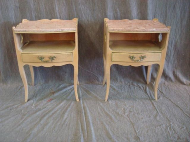 Appraisal: Pair of Louis XVI style drawer end tables with marble