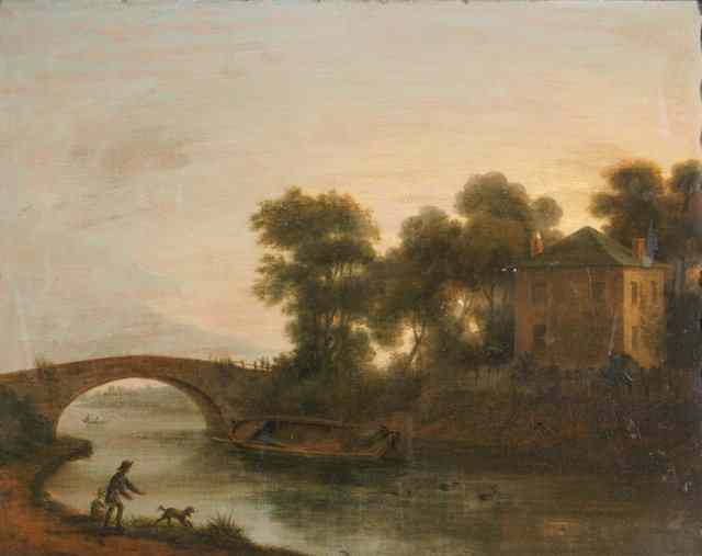 Appraisal: TH CENTURY ENGLISH SCHOOLRiver landscape with stone bridge and country