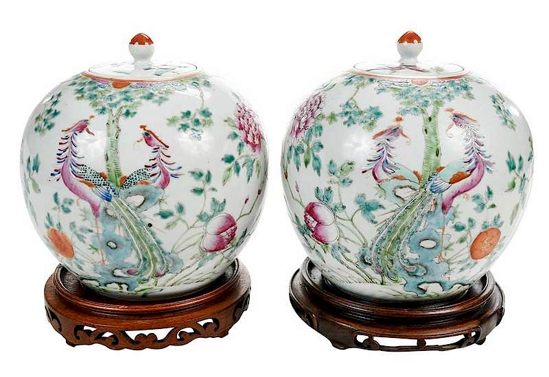 Appraisal: Pair Famille Rose Covered Jars Chinese th century fine enamel