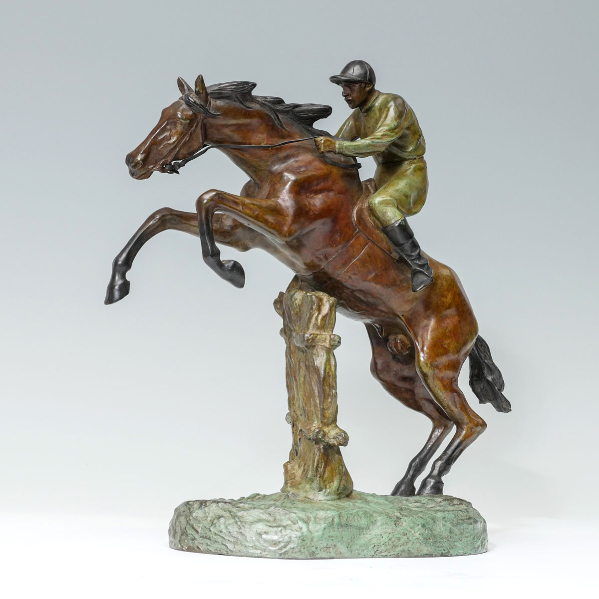 Appraisal: EQUESTRIAN STEEPLE CHASE BRONZE SIGNED BOFILL Depicts Equestrian Eider Jumping