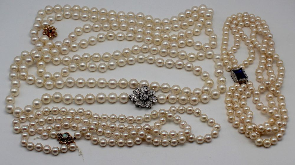 Appraisal: JEWELRY Pearl Necklace Grouping Includes a single strand cultured pearl