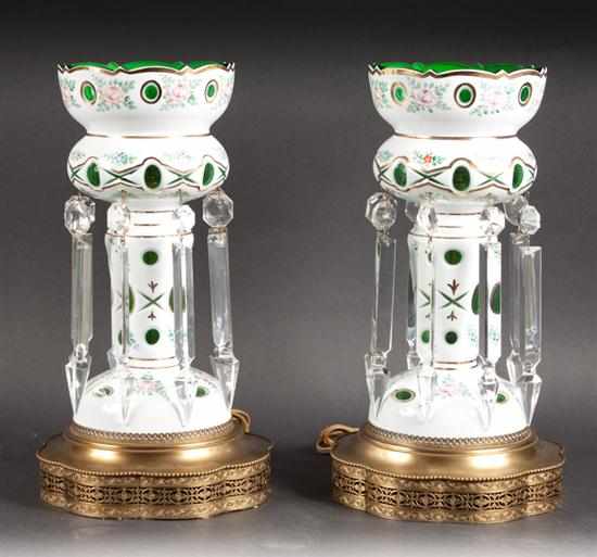 Appraisal: Pair of Bohemian cased glass cut to emerald color lustres