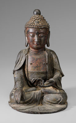 Appraisal: Ming Style Bronze Buddha Chinese th century Shakyamuni Buddha seated