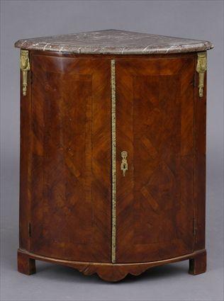 Appraisal: LOUIS XVI GILT-METAL-MOUNTED PARQUETRY-INLAID KINGWOOD ENCOIGNURE The veined molded marble