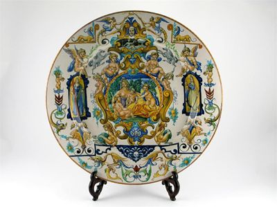 Appraisal: A large Cantagalli dish painted with a central cartouche of