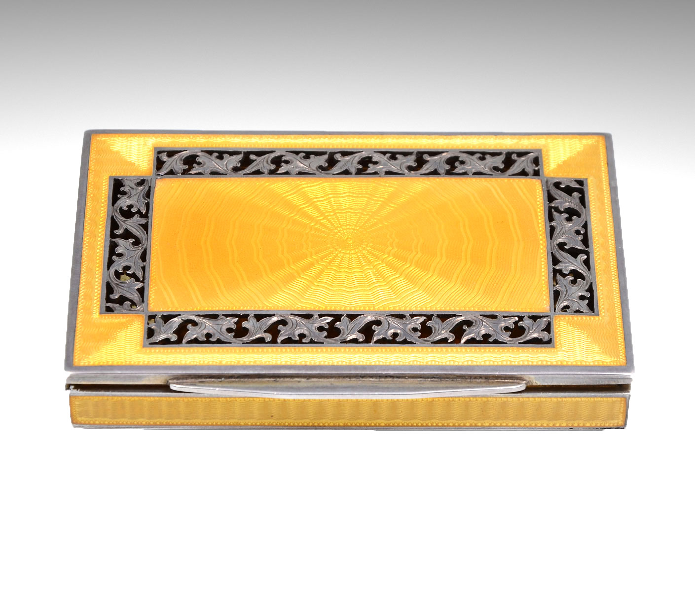 Appraisal: RUSSIAN SILVER-GILT YELLOW GUILLOCHE CIGARETTE CASE Striking bright yellow guilloche