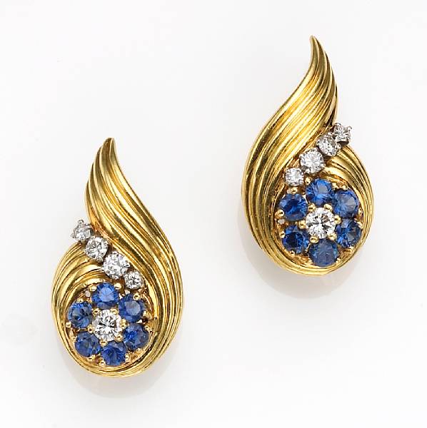 Appraisal: A pair of synthetic sapphire and diamond clip-earrings estimated total