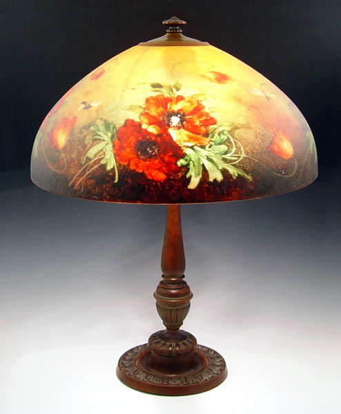 Appraisal: JEFFERSON REVERSE PAINTED POPPY AND DRAGONFLY LAMP Acid etched shade