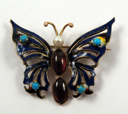 Appraisal: COLOR ENAMEL AND GOLD BUTTERFLY BROOCH k yellow gold covered