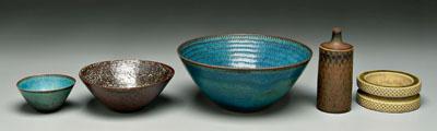 Appraisal: Five vessels by Stig Lindberg Swedish - tapered bowl textured