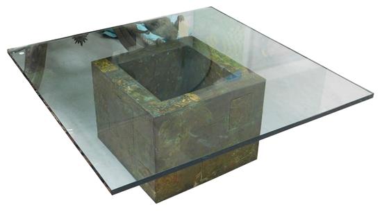 Appraisal: Coffee table open cube form comprised of patchwork metal plaques