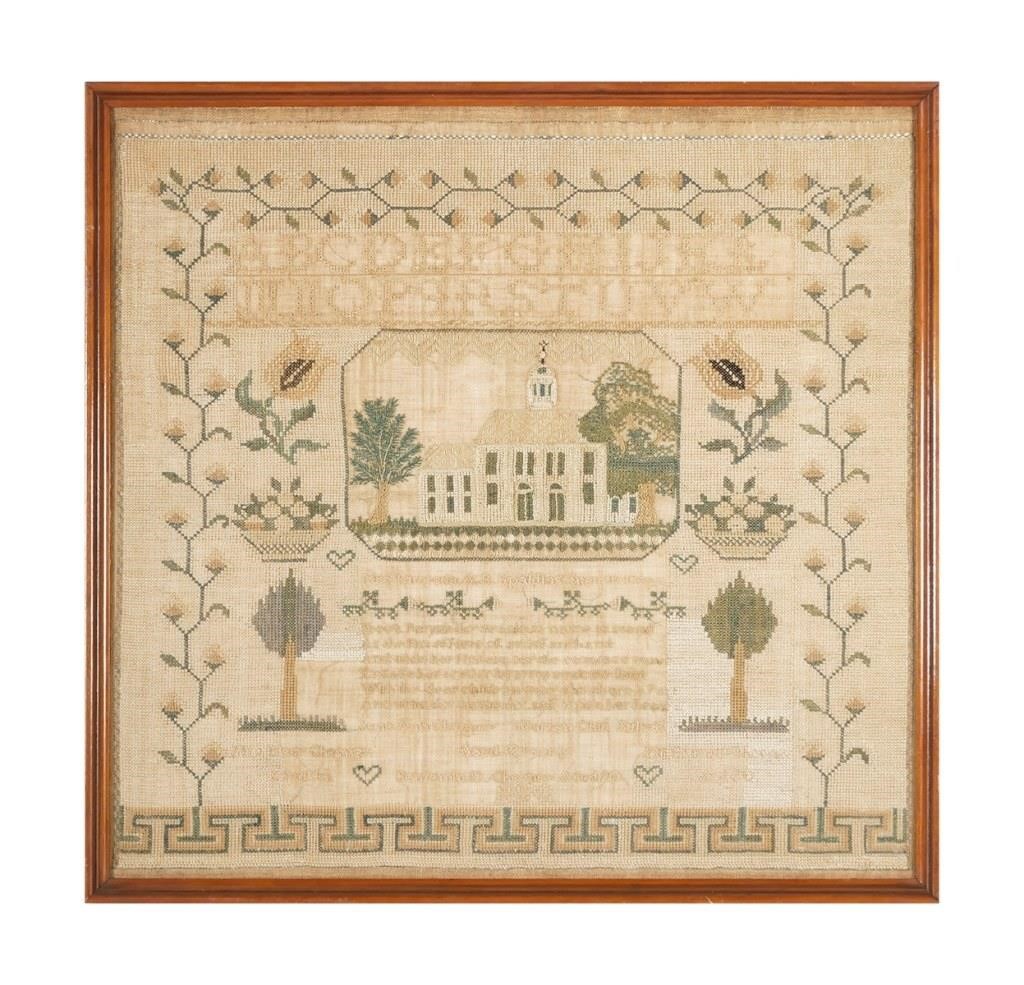 Appraisal: American Needlework Sampler dated Sampler features a Federal-style building trees