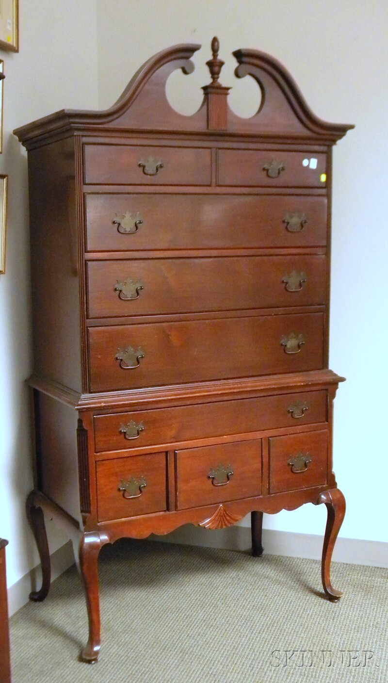 Appraisal: Chippendale-style Mahogany Veneer Scroll-top Highboy ht wd in