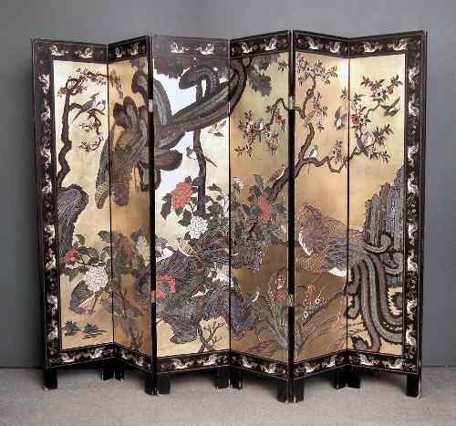 Appraisal: A Chinese six fold black lacquer screen incised and carved