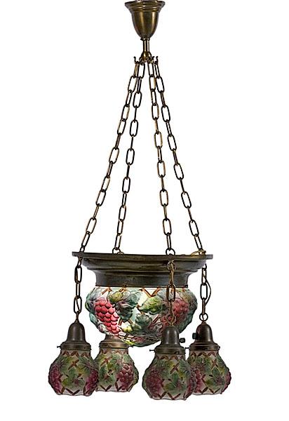 Appraisal: VICTORIAN GRAPE CLUSTER HANGING CHANDELIER Of reverse-painted molded glass to