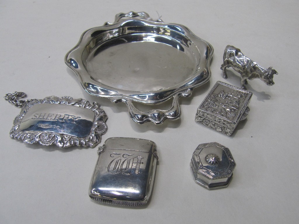 Appraisal: Lot comprising silver dish decanter label vesta two pill boxes