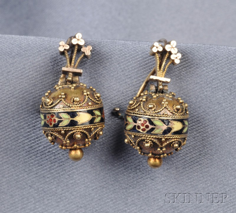 Appraisal: Etruscan Revival kt Gold and Enamel Earpendants each designed as