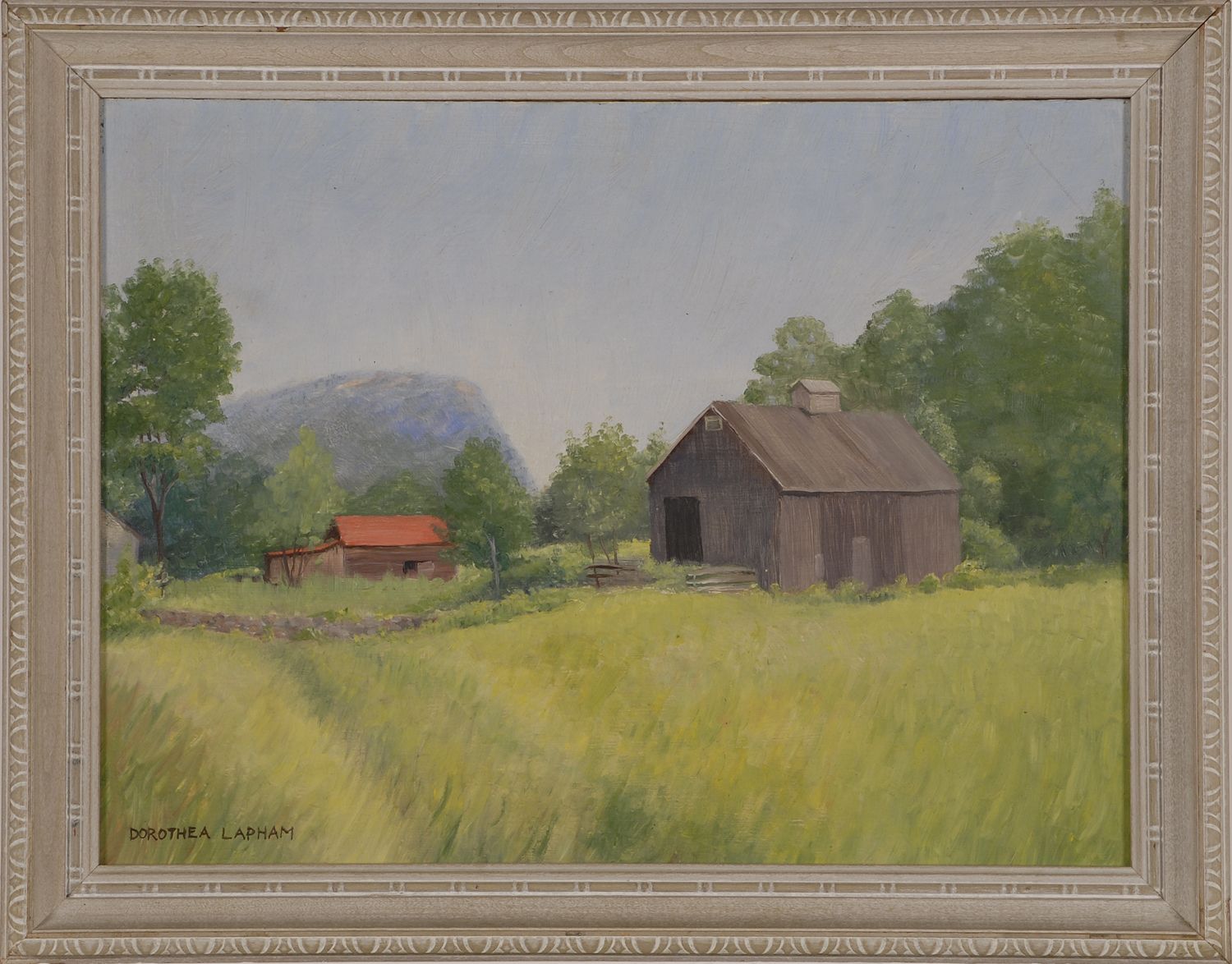 Appraisal: FRAMED PAINTING UNTRACED ARTIST Two barns in a mountain landscape