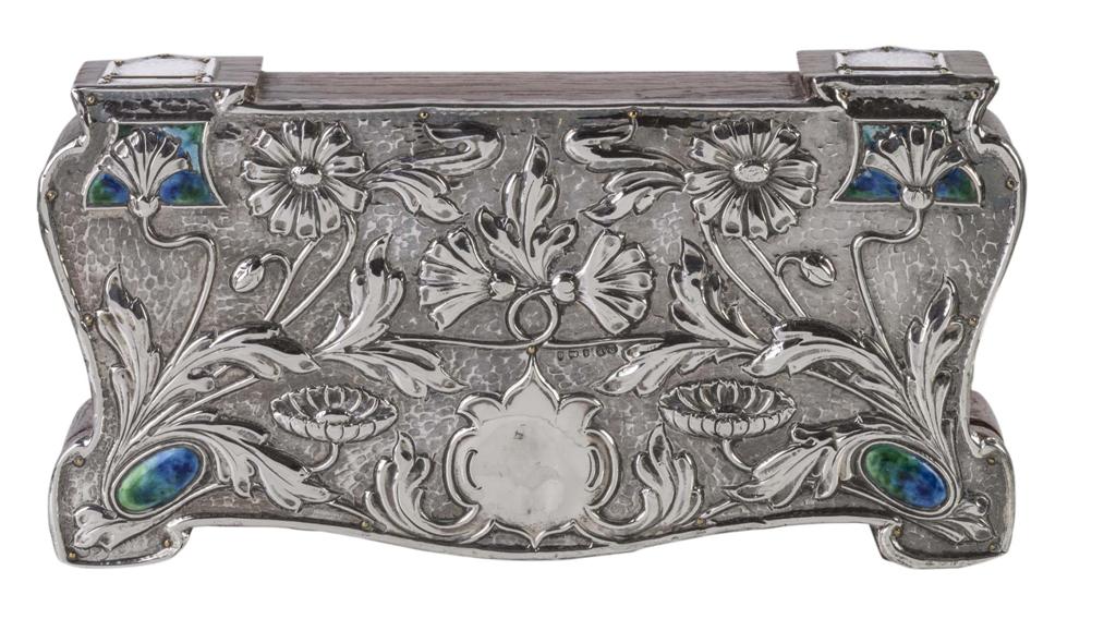 Appraisal: ART NOUVEAU SILVER MOUNTED AND ENAMEL OAK JEWELLERY BOX DATED