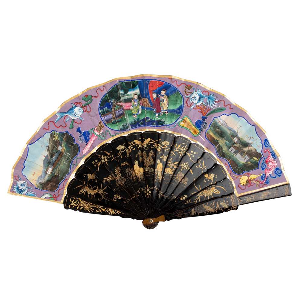 Appraisal: CANTON LACQUERED AND PAPER 'LANDSCAPE' FAN QING DYNASTY TH CENTURY