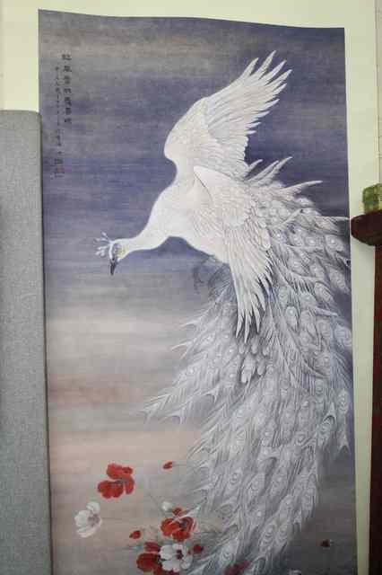 Appraisal: A CHINESE SCROLL PAINTING of a white peacock flying above