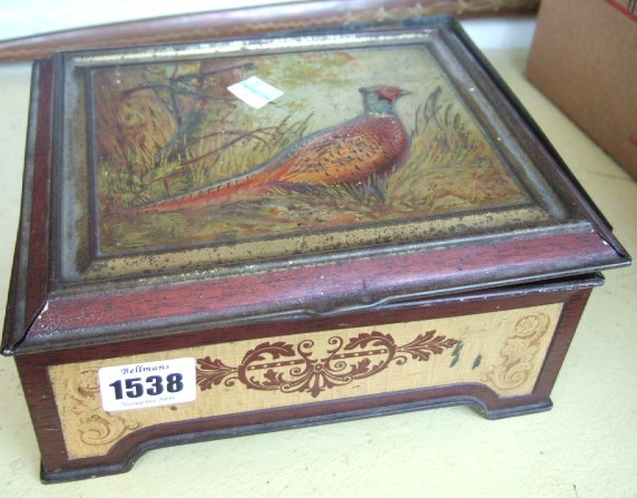 Appraisal: A Huntley and Palmers biscuit tin decorated with a pheasant