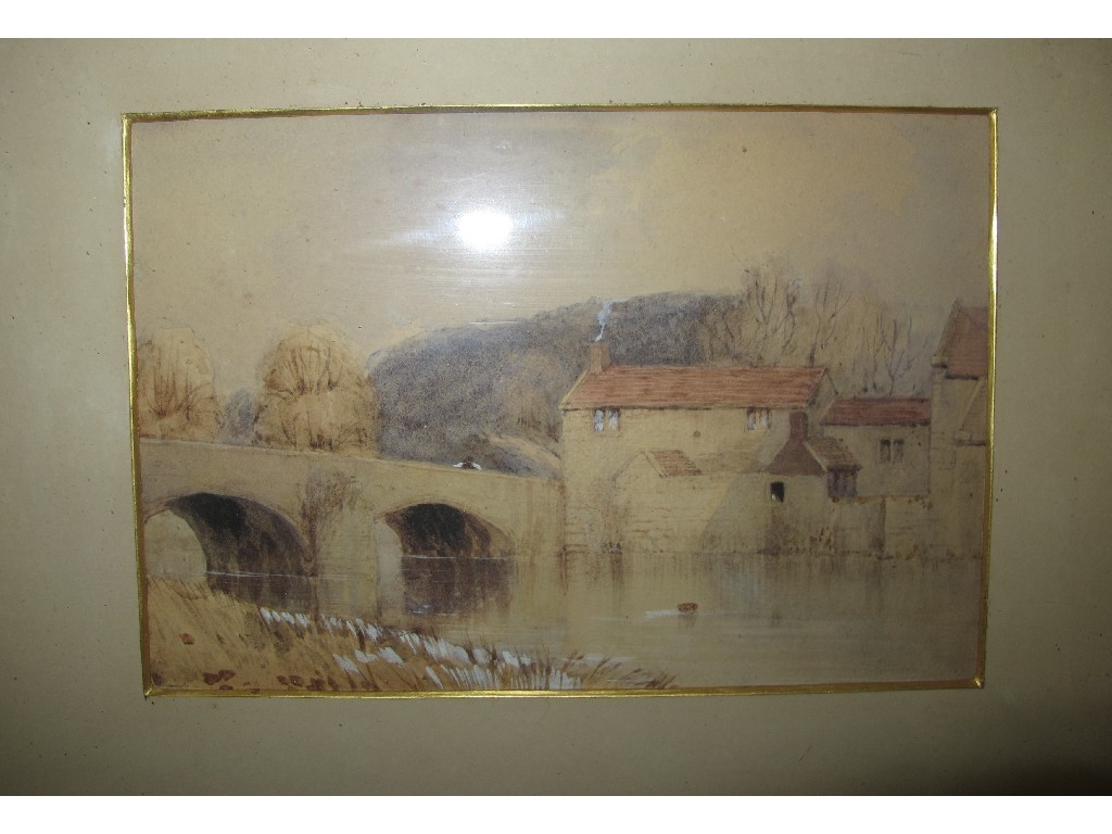 Appraisal: Watercolour with body colour river scene with a bridge and