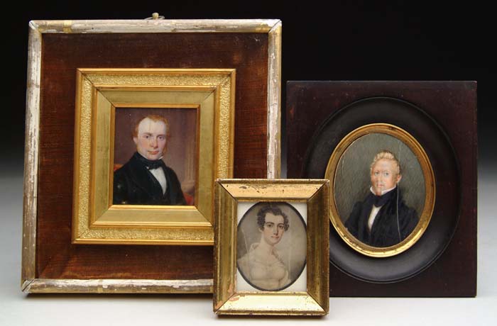 Appraisal: THREE MINIATURE PORTRAITS ON IVORY Oval portrait of a man