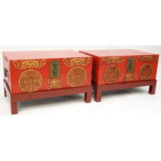 Appraisal: Pair of Chinese Red Lacquered Pigskin Storage Chests on Stand