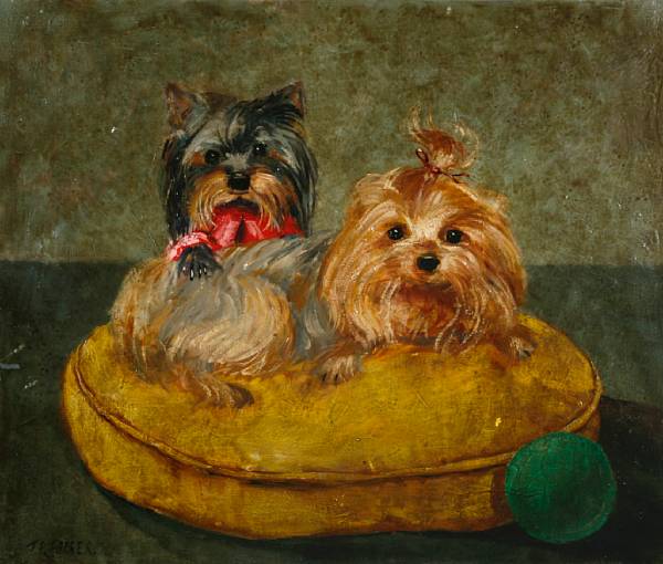 Appraisal: F P Fairer Two terriers on a cushion also a