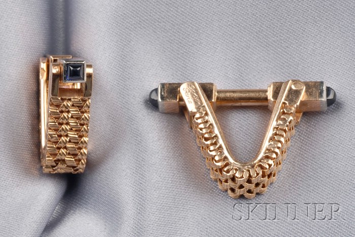 Appraisal: kt Gold and Sapphire Cuff Links Cartier Paris each triangular