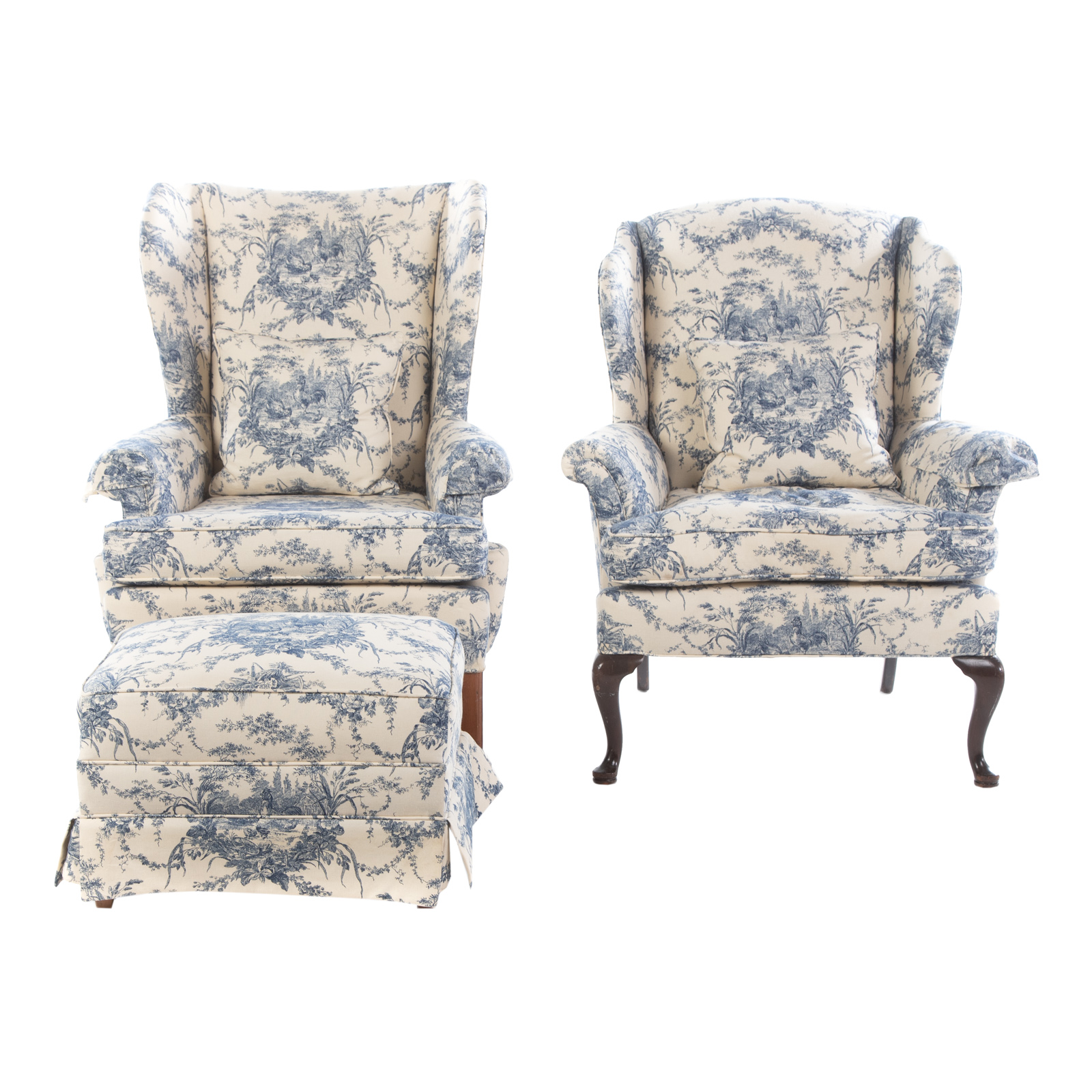 Appraisal: TWO CHIPPENDALE STYLE UPHOLSTERED CHAIRS OTTOMAN Blue chicken and floral